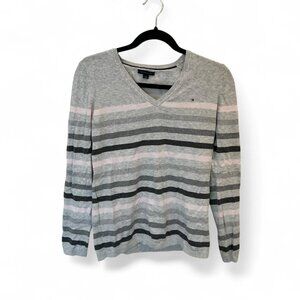 Tommy Hilfiger women’s grey and pink striped V-neck sweater size Medium